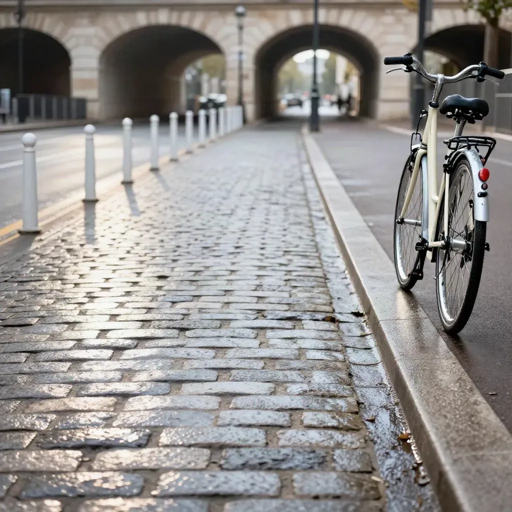 Lane vélo mouillé sous des arches, pavés luisants, vélo de ville blanc, lumière pâle.