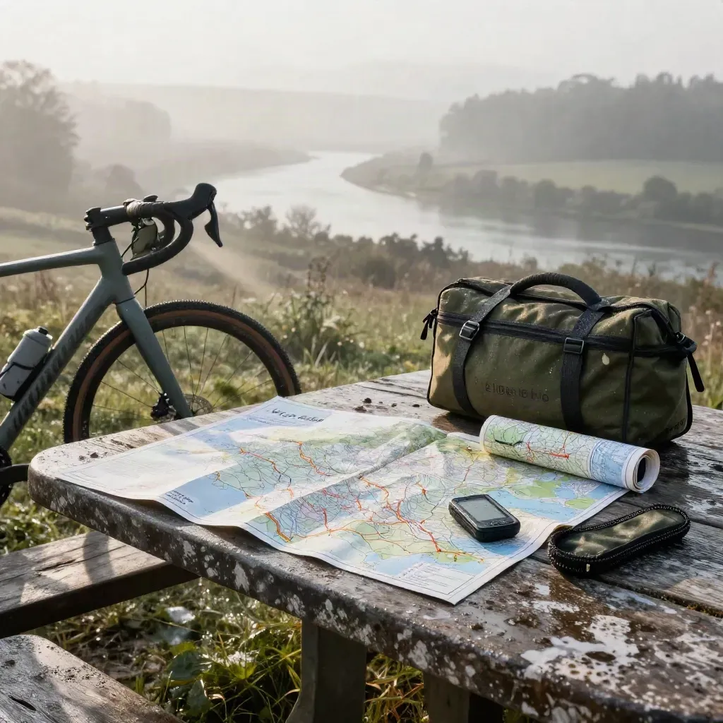 Carte d’itinéraire vélo, roue de gravel et sacoches sur table en pierre au lever du jour.
