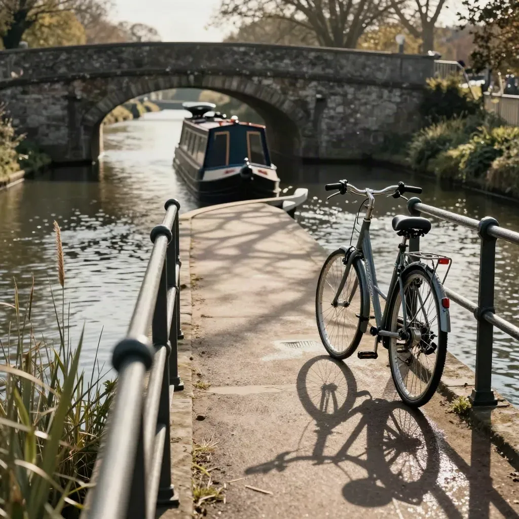 Pont de canal, vélo contre la rambarde, péniche et ombres de platanes au soleil.