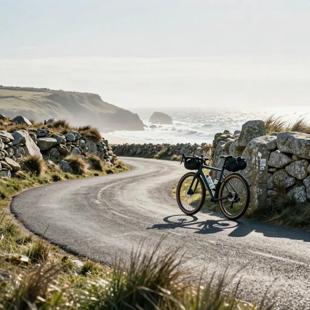 Vélo de randonnée au virage d’une route côtière bretonne, embruns, granit et herbes salées.