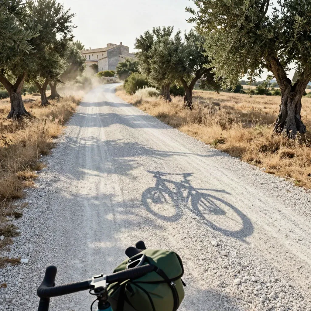 Piste de gravier en Provence, ombres d’un vélo, oliviers et village de pierre au soleil