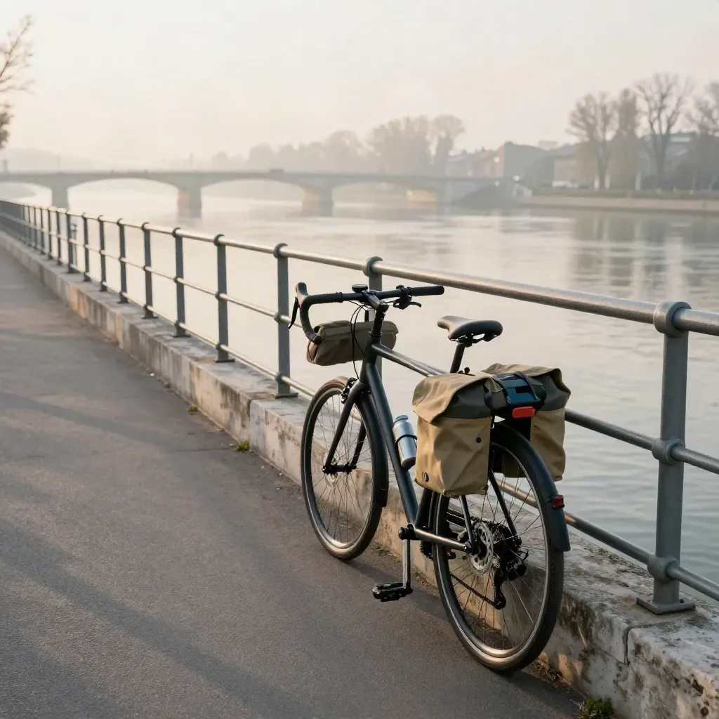 Vélo de randonnée au bord du Rhône, railings, brume matinale et pont au loin.