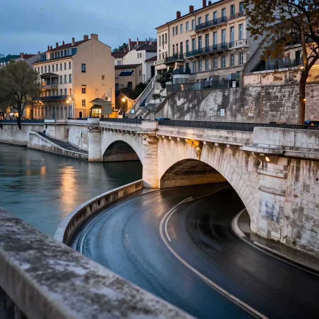 Approche d’un pont lyonnais sur la Saône, piste cyclable courbe après la pluie au crépuscule.