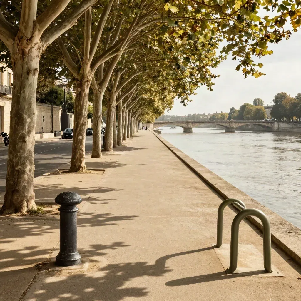 Promenade des quais de Bordeaux avec piste cyclable, arbres et pont au loin au bord de la Garonne.