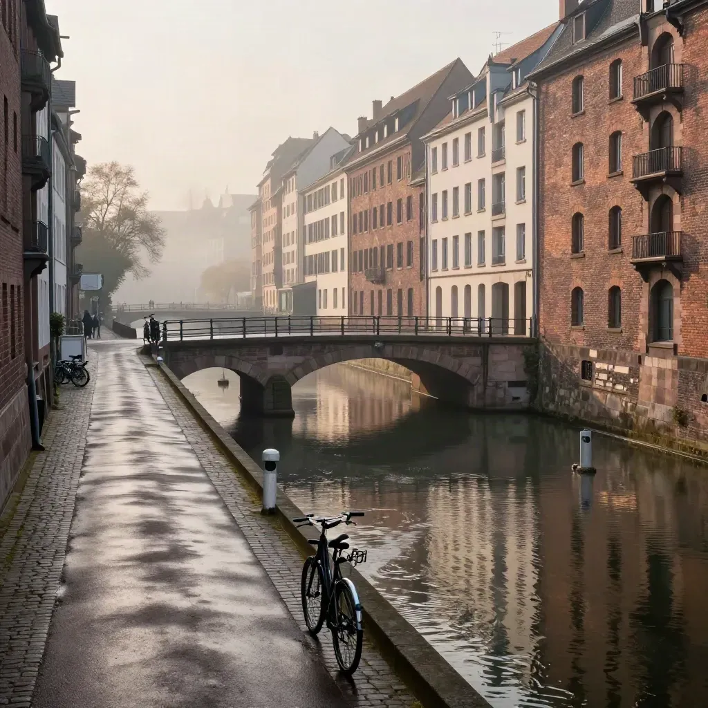 Bord du canal de Strasbourg au lever du jour, brume froide, piste cyclable sous un pont, façades en brique.