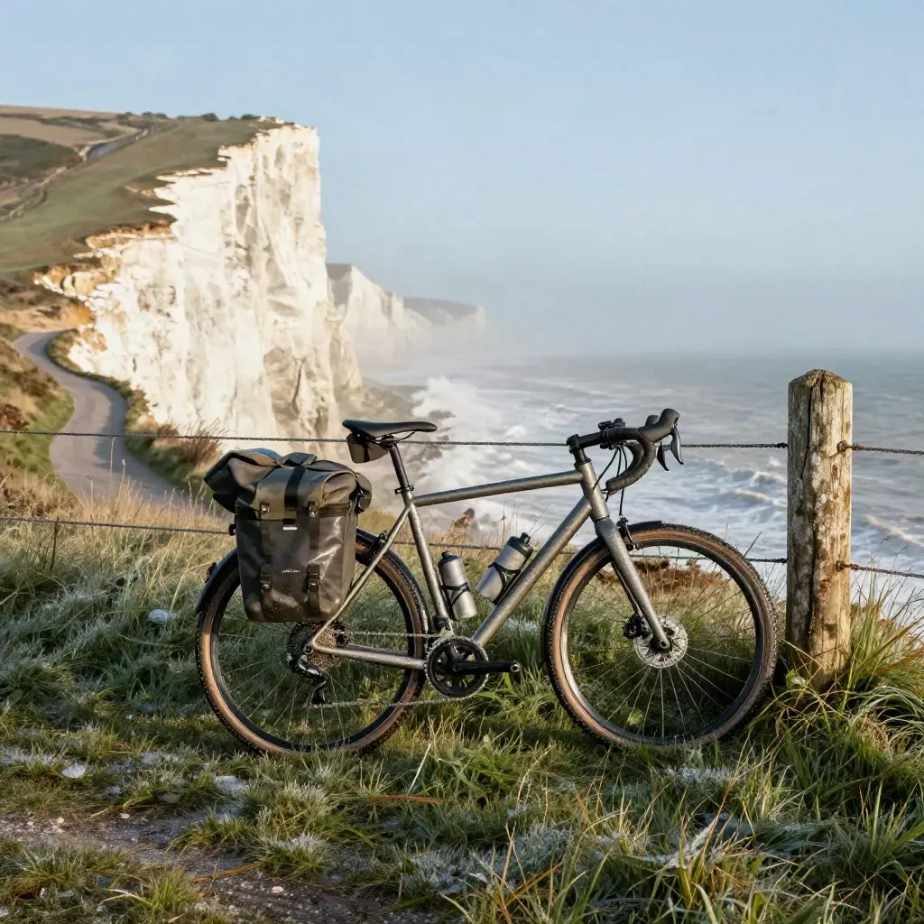 Vélo de randonnée près d’une falaise crayeuse, écume de mer et herbe mouillée au matin.
