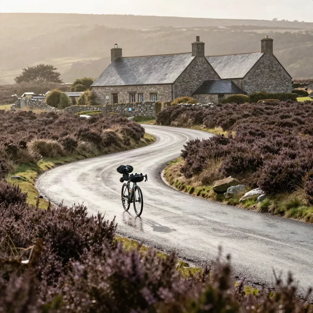 Vélo de randonnée sous la pluie sur une route de lande en Bretagne, ferme en pierre au fond