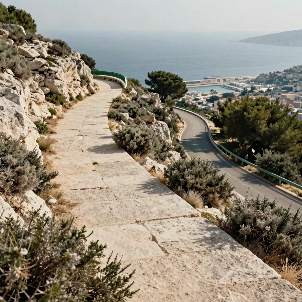 Chemin cyclable de Marseille vers les calanques, roche claire, garrigue et mer au loin