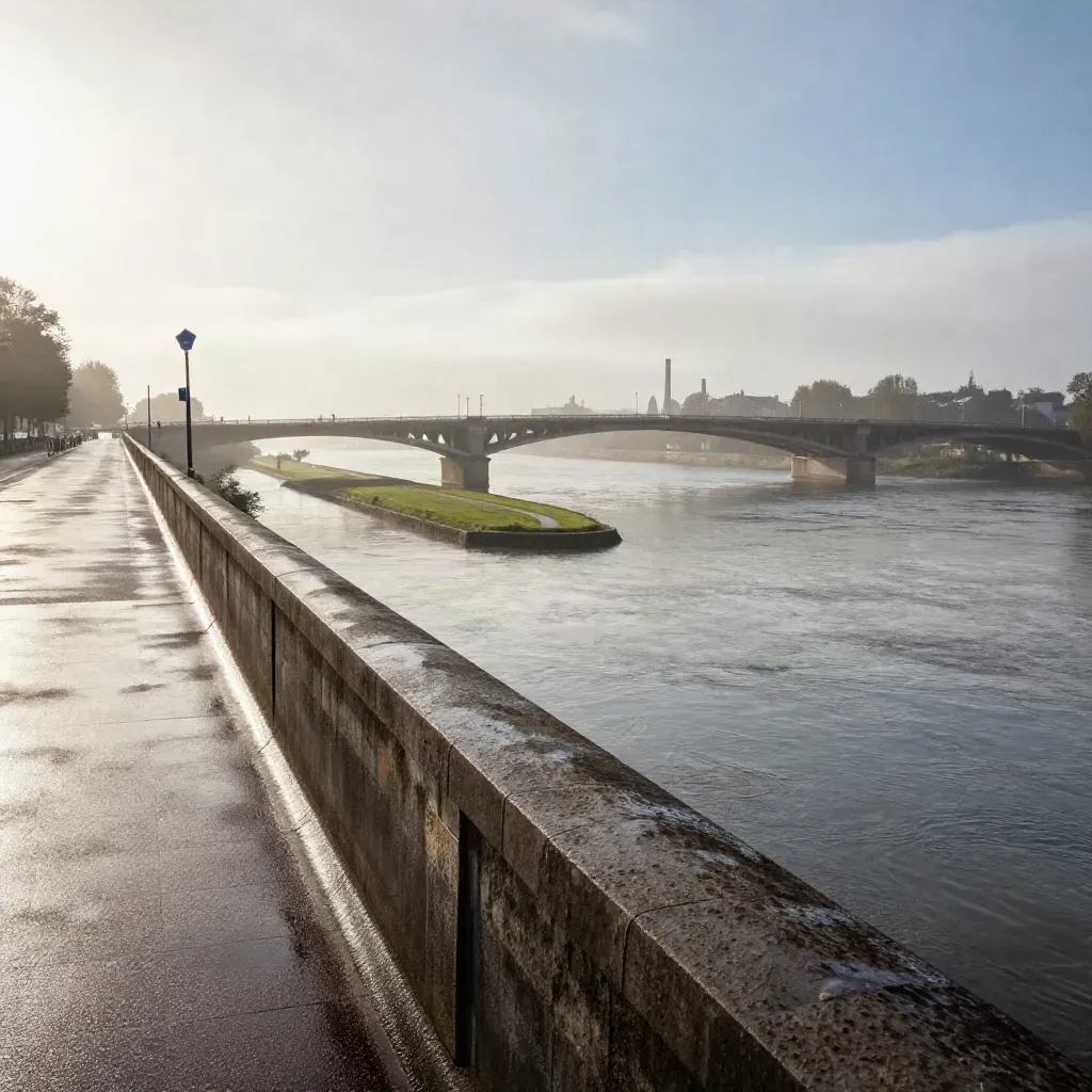 Pont sur la Loire à Nantes, voie verte, îles et silhouettes industrielles sous la pluie