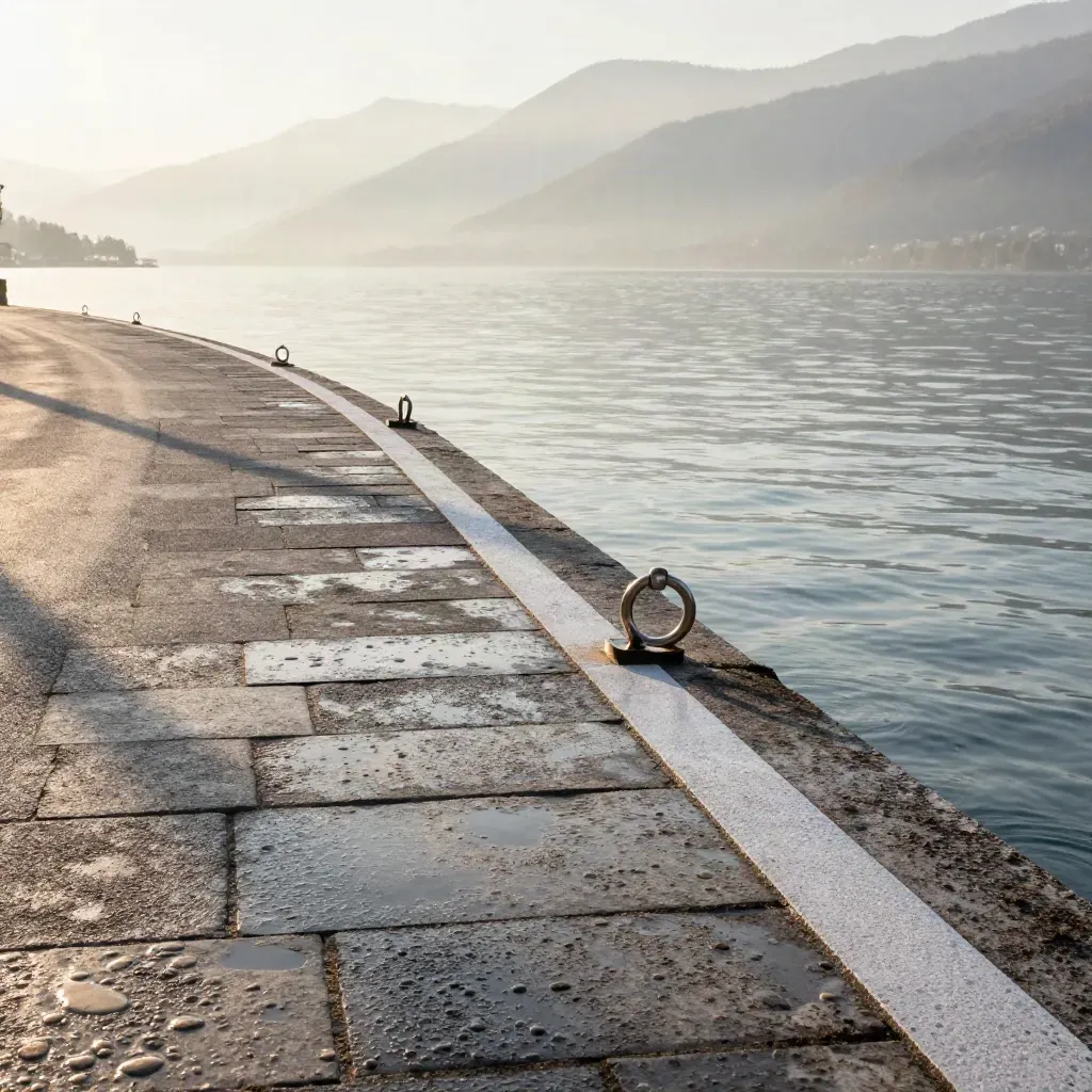 Quai d’Annecy, piste cyclable au bord du lac et montagnes dans la brume du matin.