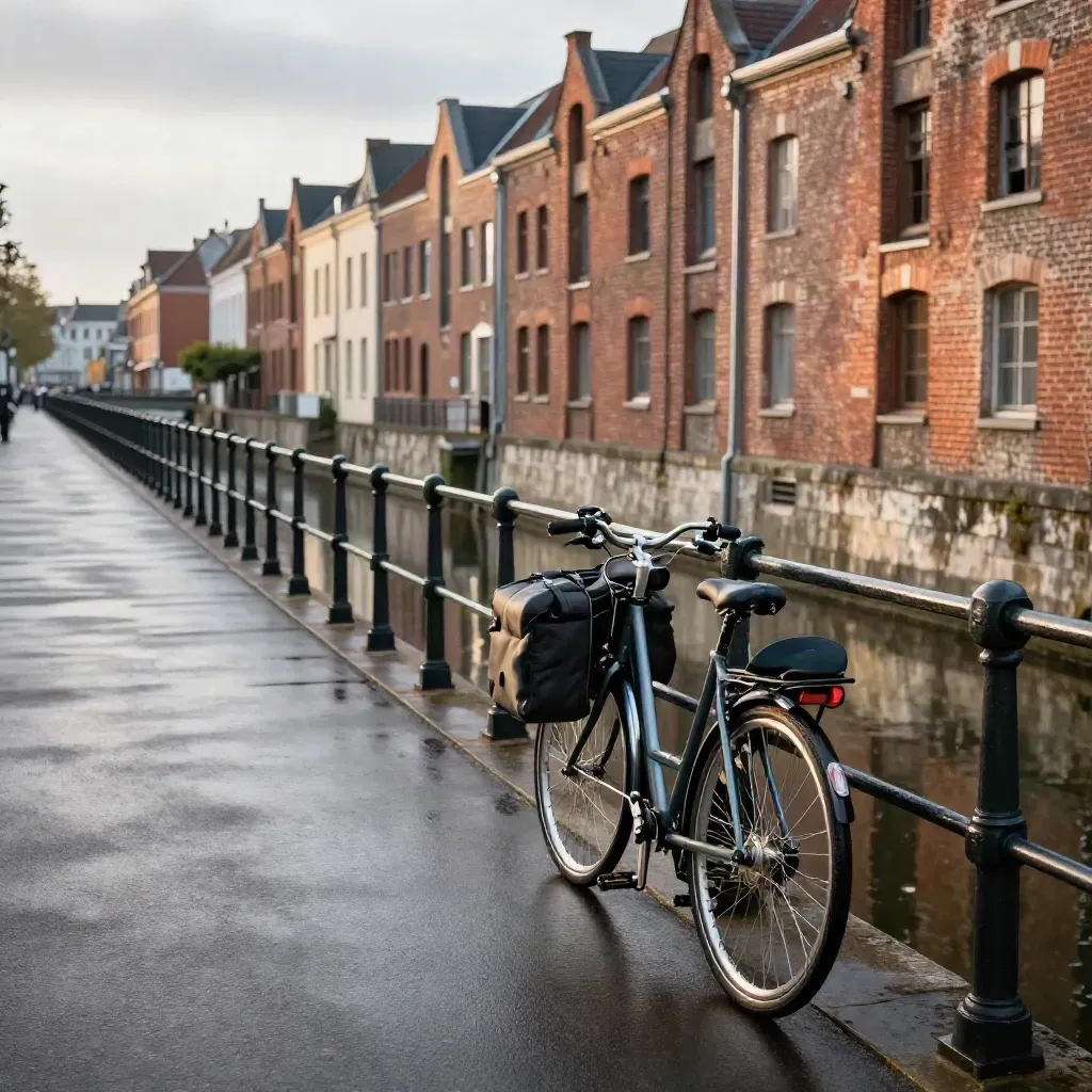 Canal de Lille au soir, vélo urbain, briques rouges, quai humide et reflets sur l’eau.