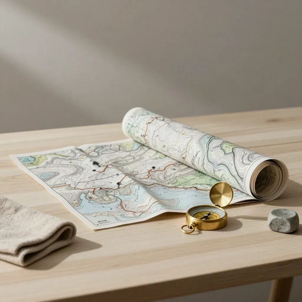 Carte topo dépliée, boussole, tissu et pierre sur bois clair.