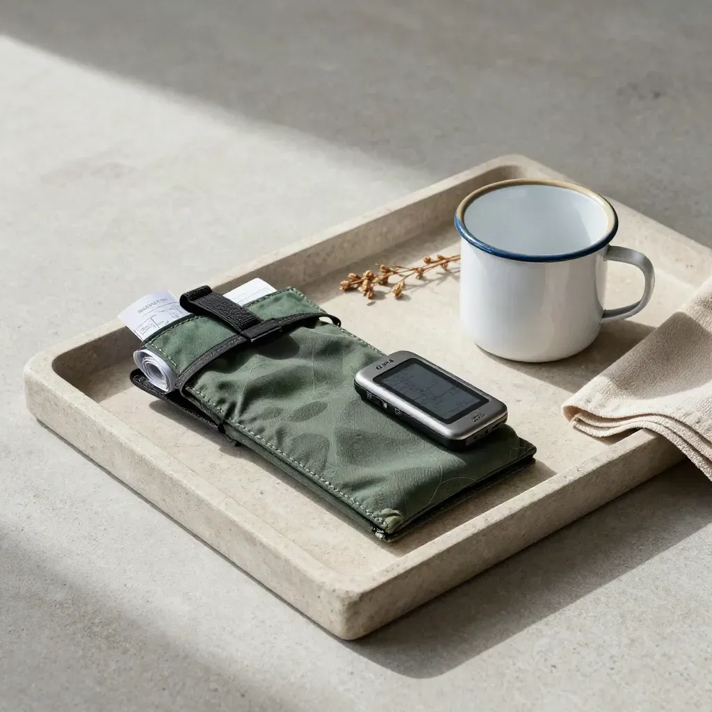 Kit de voyage à vélo sur plateau de pierre avec tasse émaillée et feuille roulée