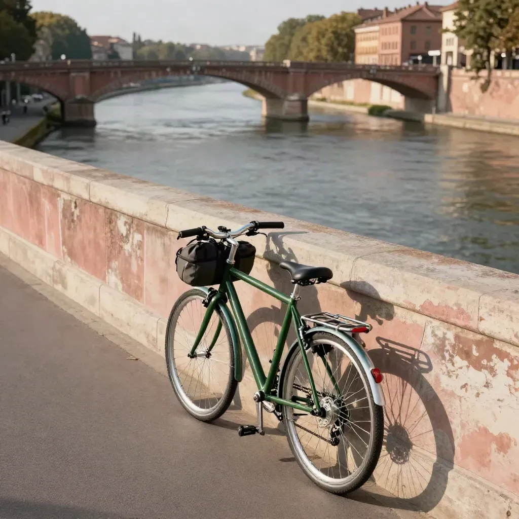 Vélo de randonnée au bord de la Garonne, quais roses et pont à Toulouse.