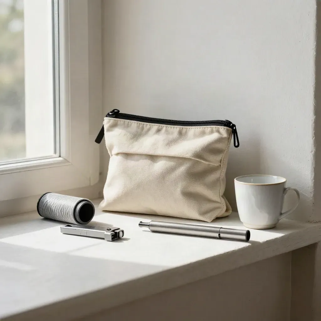 Trousse de réparation vélo, chambre à air, multi-outil, pompe et tasse en céramique sur une étagère.
