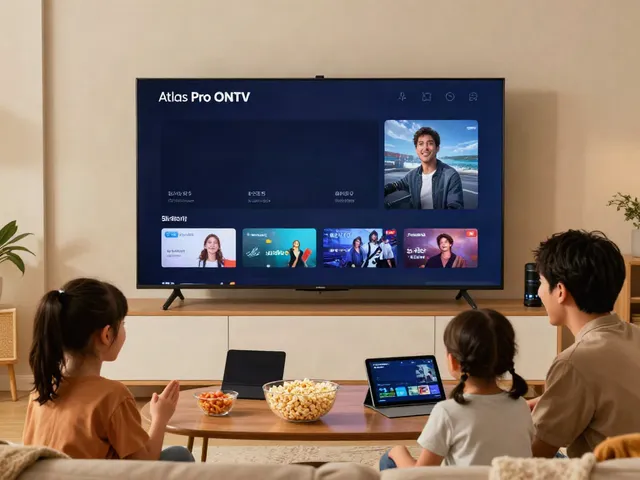 Famille profitant d'Atlas Pro ONTV sur télévision dans un salon accueillant