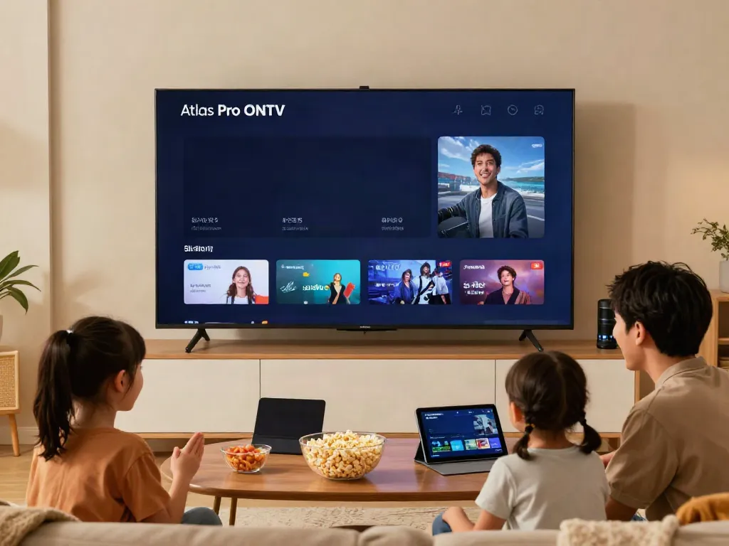 Famille profitant d'Atlas Pro ONTV sur télévision dans un salon accueillant